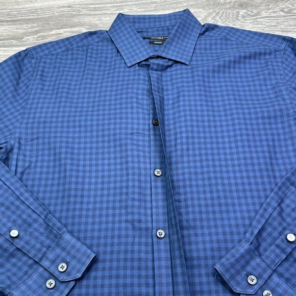 John Varvatos Slim Fit Tailored Dress Shirt Mens 16 32/33 Blue Check Preppy - Picture 7 of 15